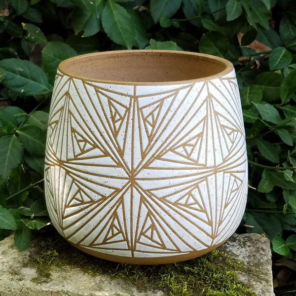 Planter - Geometry White on Speckled Clay (~6in / 15cm tall)