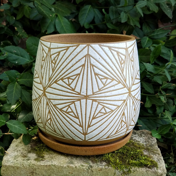 Planter - Geometry White on Speckled Clay (~6in / 15cm tall)